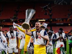 Bilbao, Spain: 05 17 2025: Radu Dragusin seen during UEFA Europa League 2025 final game between Tottenham Hotspur FC and Manchester United FC