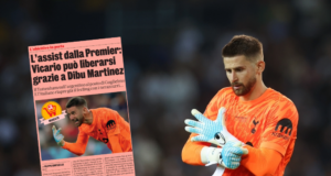 Gazzetta dello Sport cover Guglielmo Vicario looking towards Tottenham exit