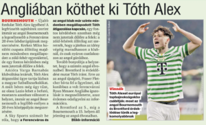 Hungarian newspaper Blikk share excitement over Toth's transfer to Bournemouth