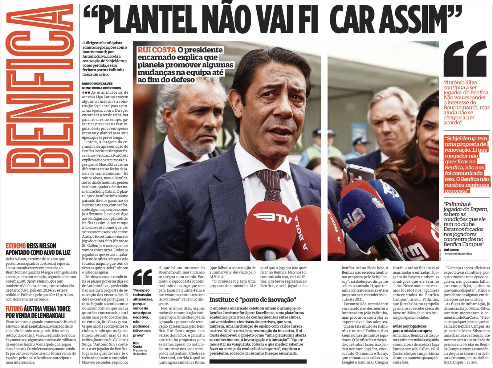 Rui Costa says Andreas Schjelderup hasn't asked to leave following Tottenham interest